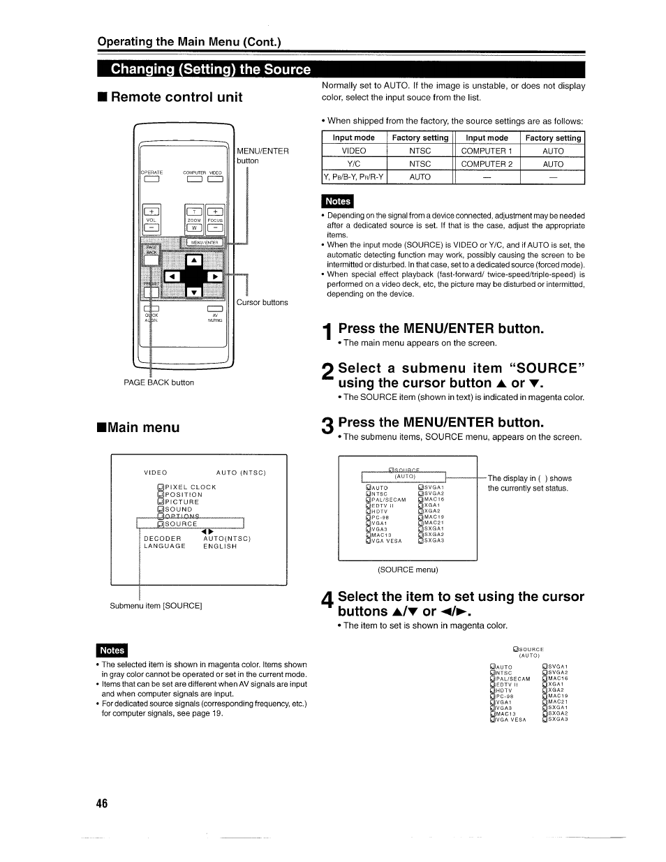 Changing (setting) the source, Press the menu/enter button, 2 press the menu/enter button | Changing (setting) the source remote control unit, Imain menu 2 press the menu/enter button, Select the item to set using the cursor buttons, Operating the main menu (cent.) | Ask Proxima D-ILATM Pro AV SX1 User Manual | Page 46 / 57