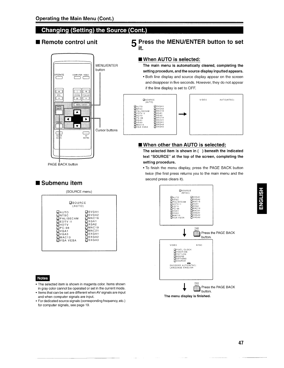 Changing (setting) the source (cont.), Remote control unit, C press the menu/enter button to set ^it | Submenu item, Operating the main menu (cent.), M w hen auto is selected, I w hen other than auto is selected | Ask Proxima D-ILATM Pro AV SX1 User Manual | Page 47 / 57