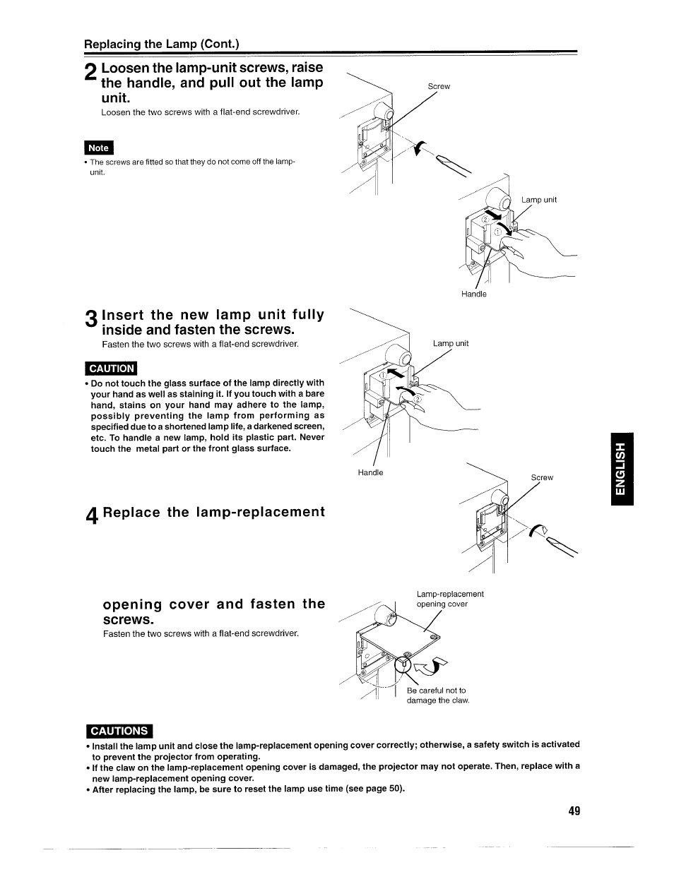 Replace the lamp-replacement, Opening cover and fasten the screws, Q insert the new lamp unit fully | Inside and fasten the screws | Ask Proxima D-ILATM Pro AV SX1 User Manual | Page 49 / 57