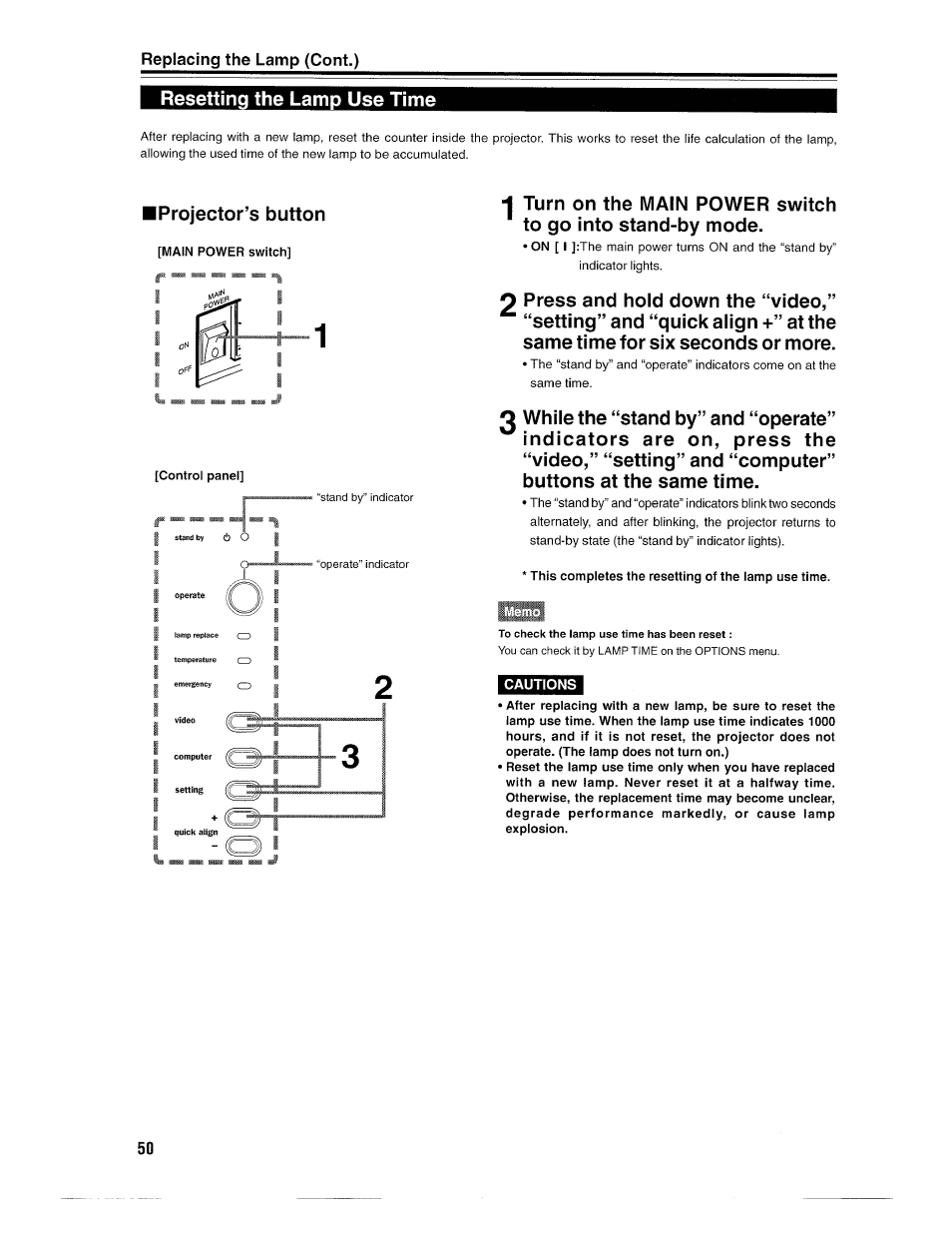 Resetting the lamp use time, Iprojector’s button, Replacing the lamp (cont.) | Ask Proxima D-ILATM Pro AV SX1 User Manual | Page 50 / 57