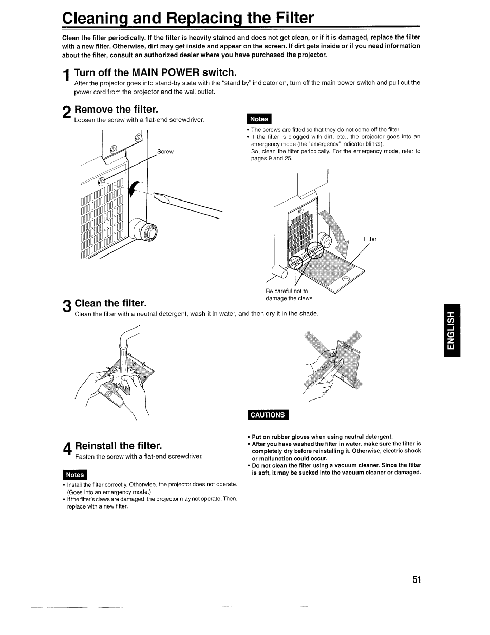Cleaning and replacing the filter, Turn off the main power switch, Remove the filter | 2 clean the filter, Reinstall the filter | Ask Proxima D-ILATM Pro AV SX1 User Manual | Page 51 / 57