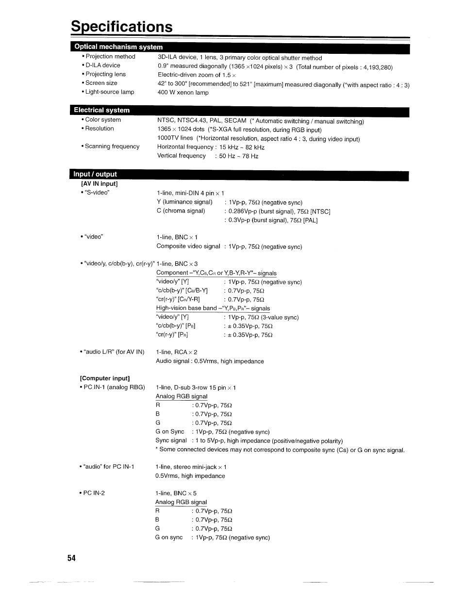 Specifications, Computer input, Optical mechanism system | Electrical system, Input / output | Ask Proxima D-ILATM Pro AV SX1 User Manual | Page 54 / 57