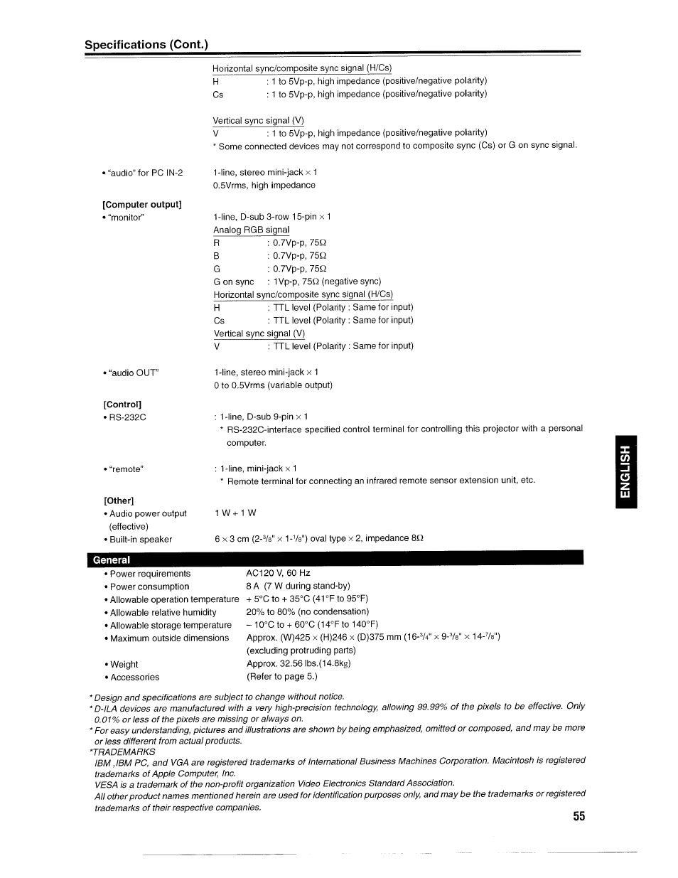 Computer output, Control, Other | Specifications (cont.) | Ask Proxima D-ILATM Pro AV SX1 User Manual | Page 55 / 57