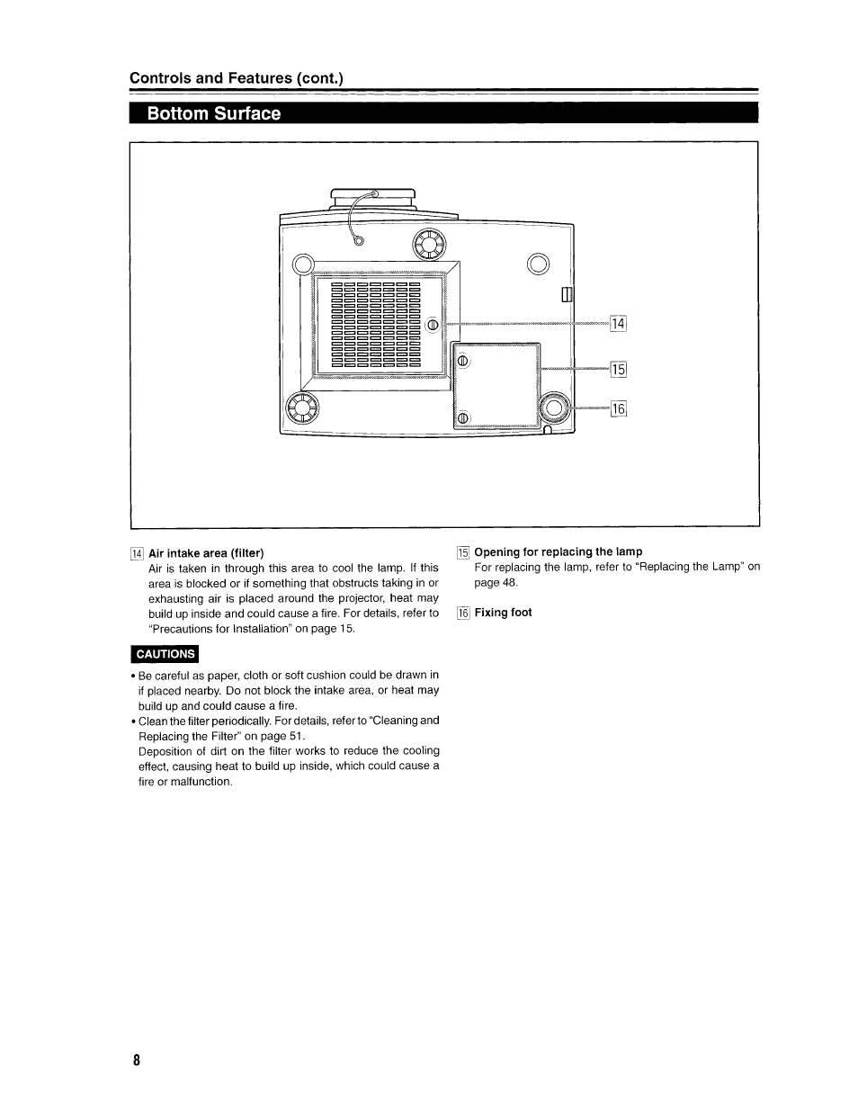 Bottom surface, Air intake area (fiiter), Cautions | Opening for replacing the lamp, Fixing foot, Controls and features (cont.) | Ask Proxima D-ILATM Pro AV SX1 User Manual | Page 8 / 57