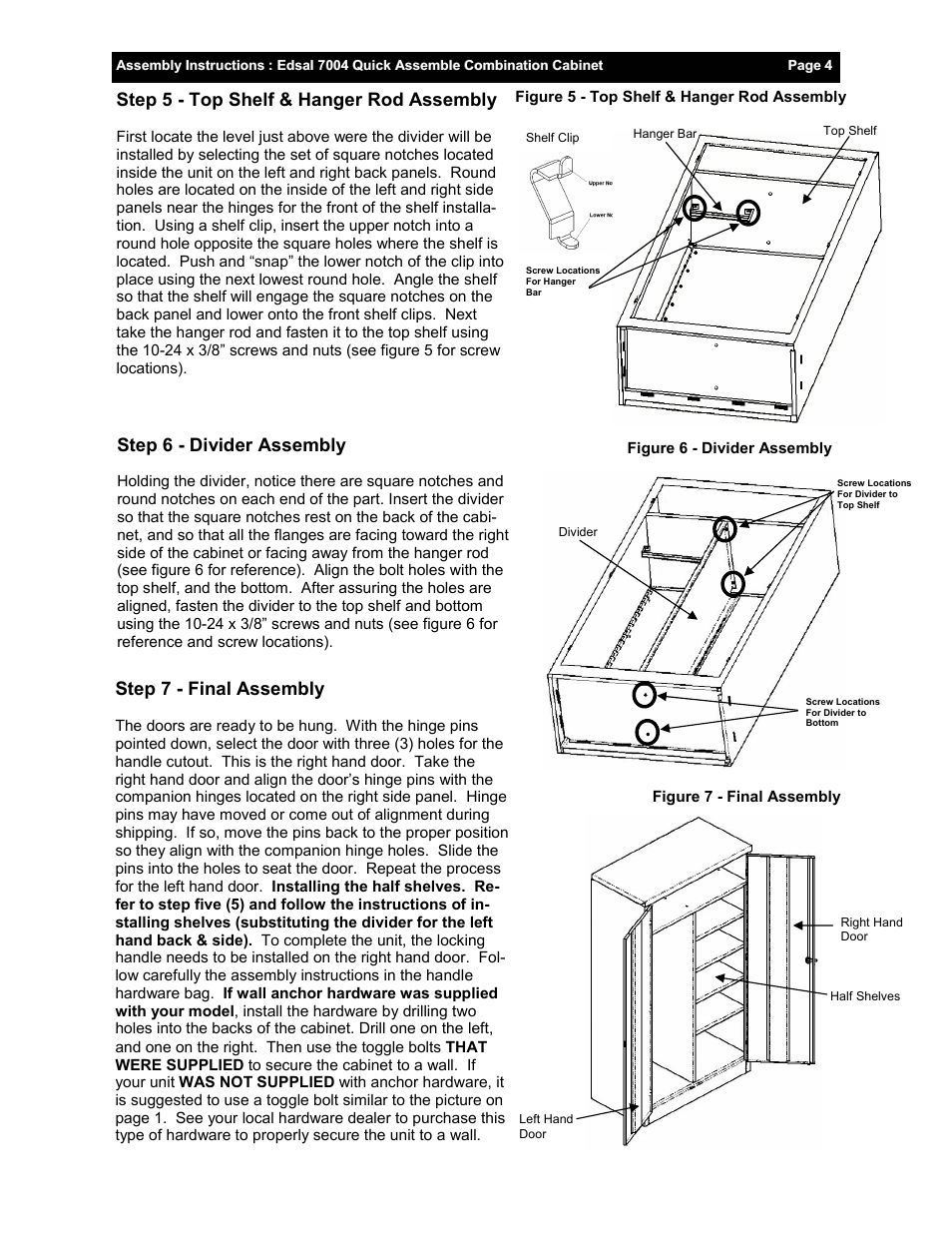 Step 5 - top shelf & hanger rod assembly, Step 6 - divider assembly, Step 7 - final assembly | Edsal 7004 User Manual | Page 4 / 4
