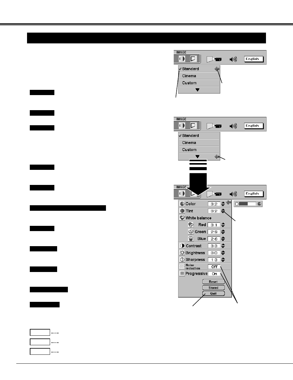 Picture image adjustment, Video mode | Ask Proxima 9280 User Manual | Page 34 / 48