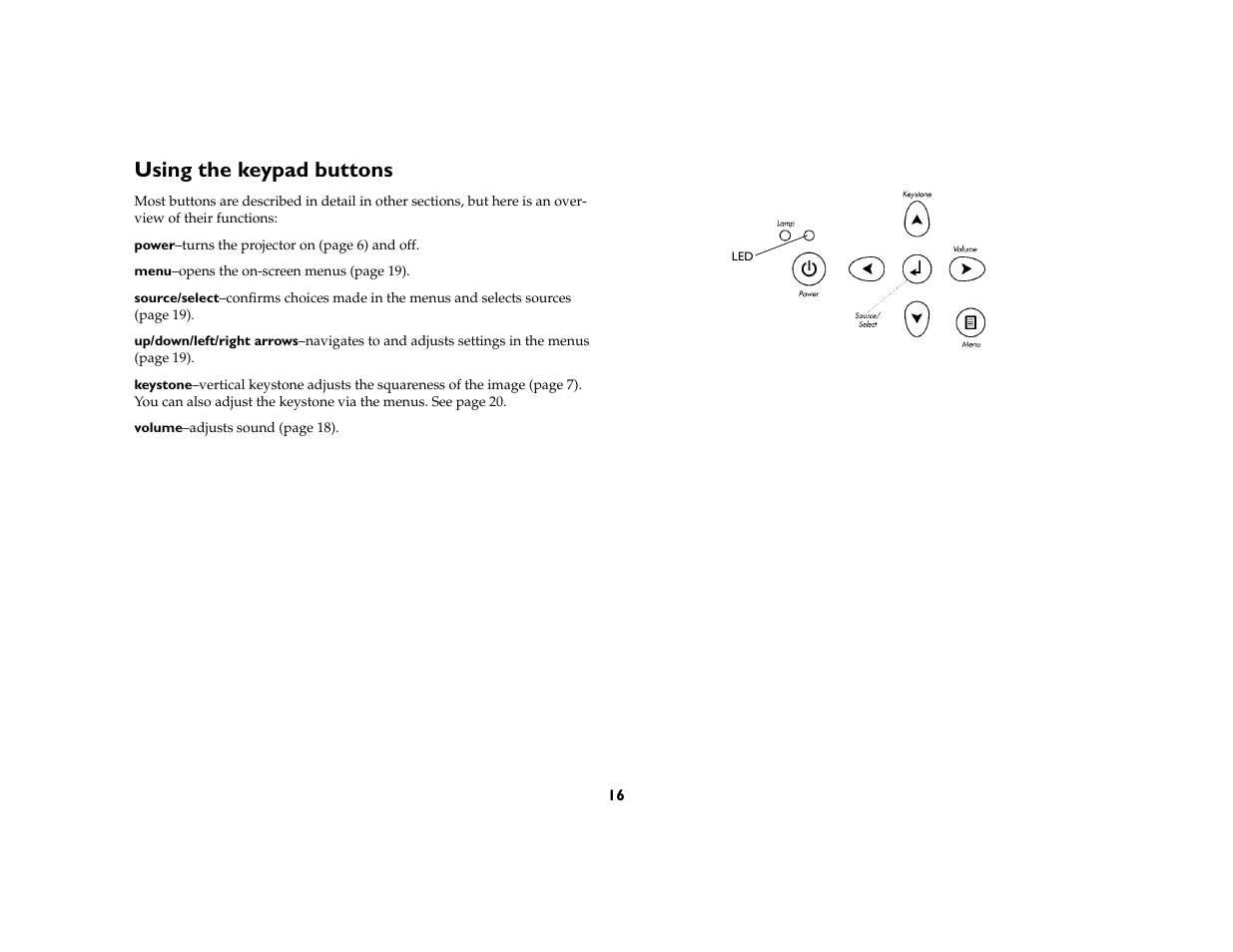 Using the keypad buttons | Ask Proxima M6 User Manual | Page 17 / 33