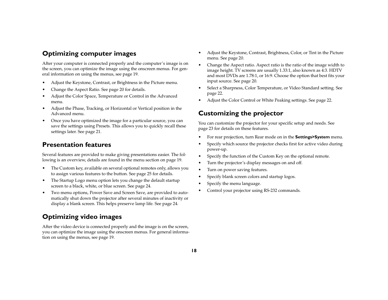 Optimizing computer images, Presentation features, Optimizing video images | Customizing the projector | Ask Proxima M6 User Manual | Page 19 / 33