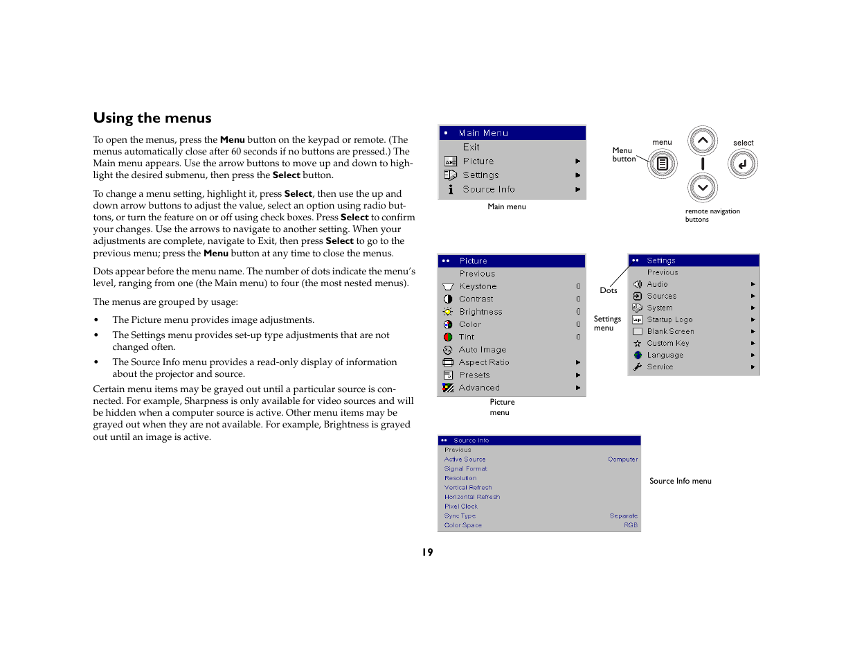 Using the menus | Ask Proxima M6 User Manual | Page 20 / 33