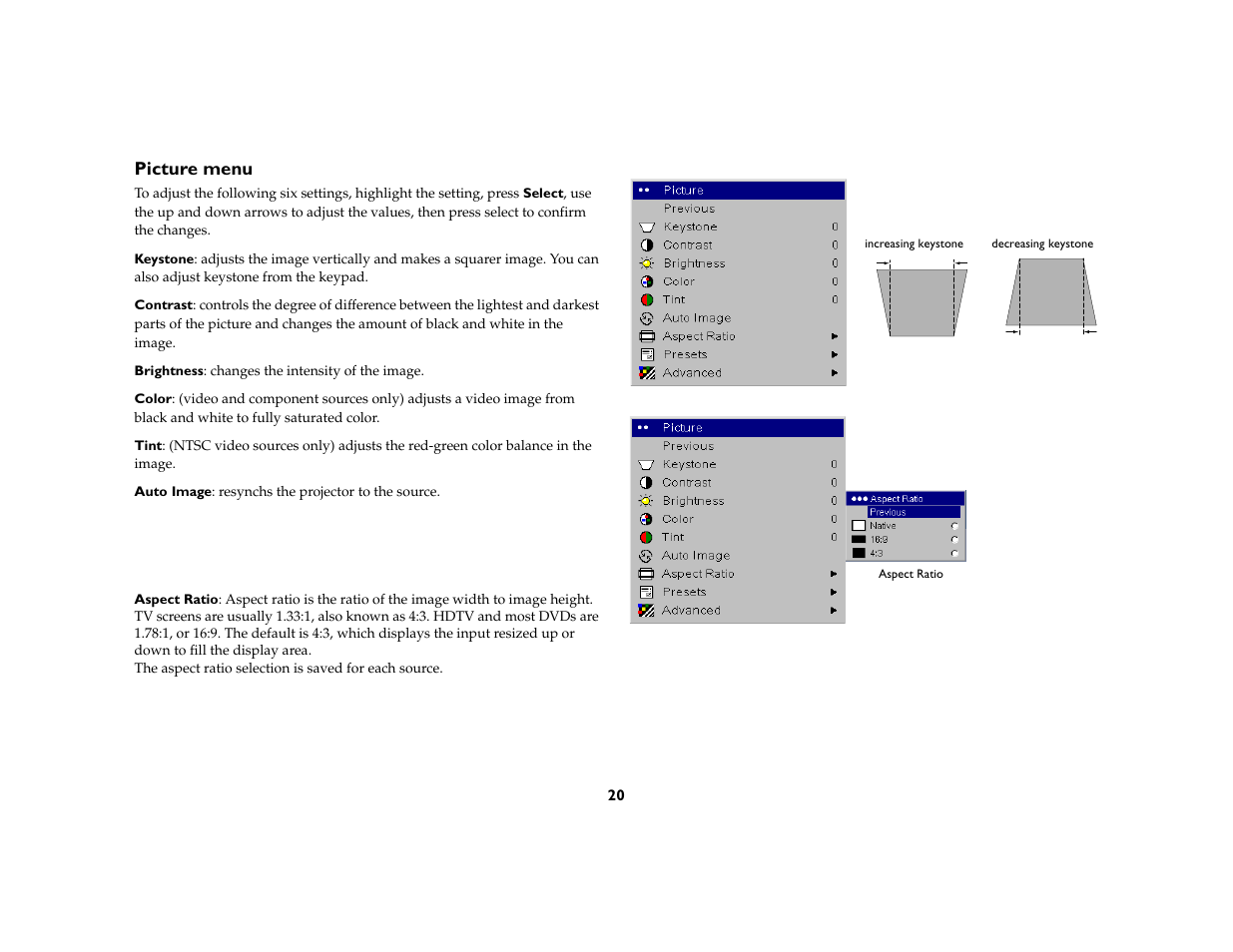 Picture menu | Ask Proxima M6 User Manual | Page 21 / 33