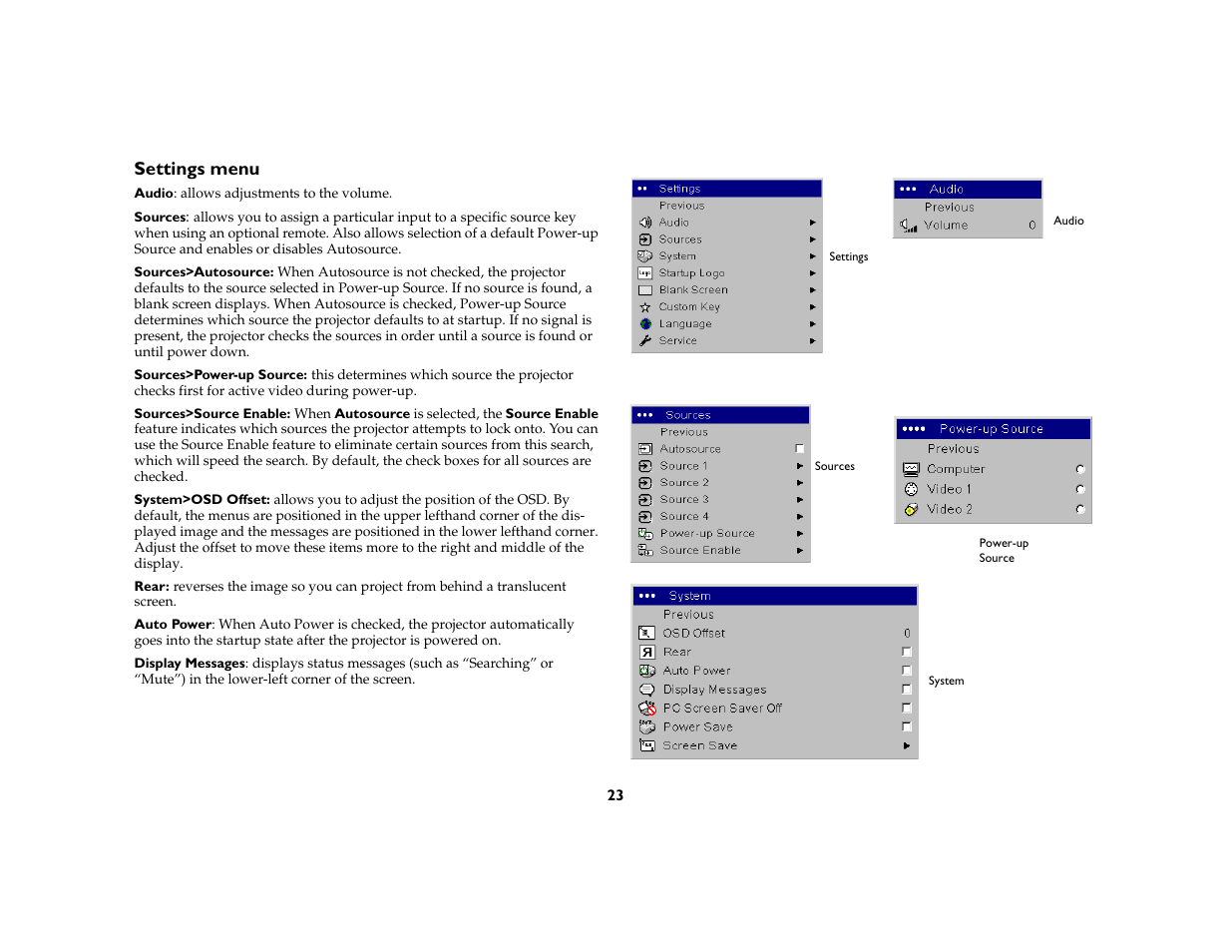 Settings menu | Ask Proxima M6 User Manual | Page 24 / 33