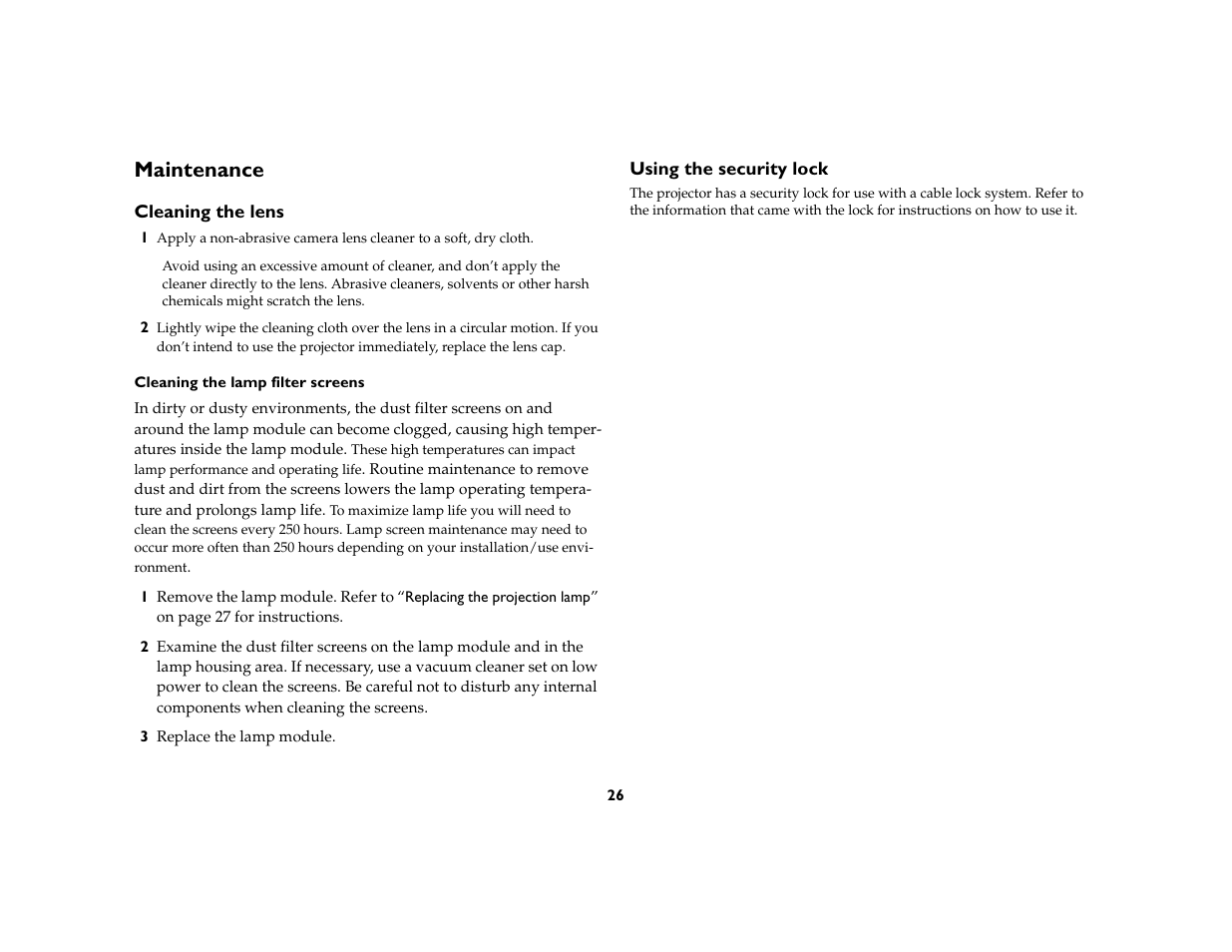 Maintenance, Cleaning the lens, Cleaning the lamp filter screens | Using the security lock, Maintenance 26 | Ask Proxima M6 User Manual | Page 27 / 33