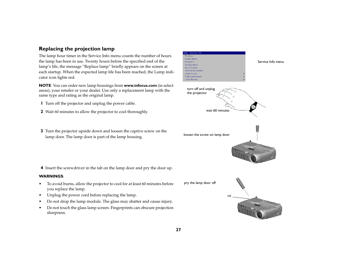 Replacing the projection lamp, Replacing the projection lamp 27 | Ask Proxima M6 User Manual | Page 28 / 33