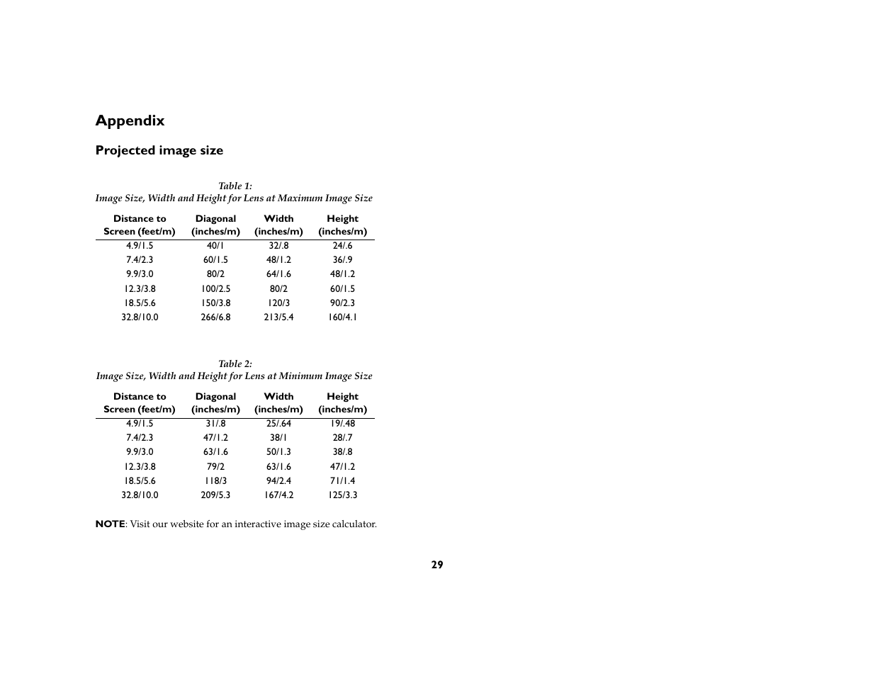 Appendix, Projected image size, Appendix 29 | Ask Proxima M6 User Manual | Page 30 / 33