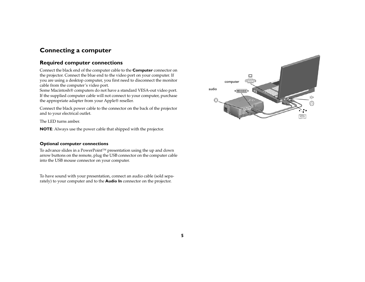 Connecting a computer, Required computer connections, Required computer connections5 | Ask Proxima M6 User Manual | Page 6 / 33