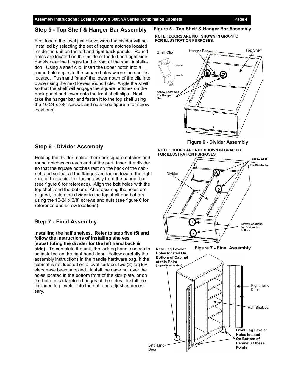 Step 5 - top shelf & hanger bar assembly, Step 7 - final assembly, Step 6 - divider assembly | Edsal 3004 User Manual | Page 4 / 4