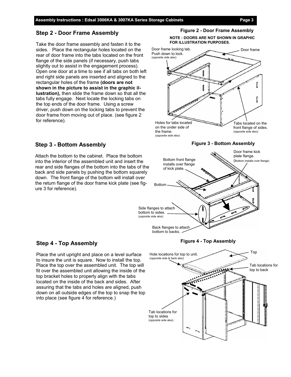 Step 3 - bottom assembly, Step 4 - top assembly, Step 2 - door frame assembly | Edsal 3006 User Manual | Page 3 / 4