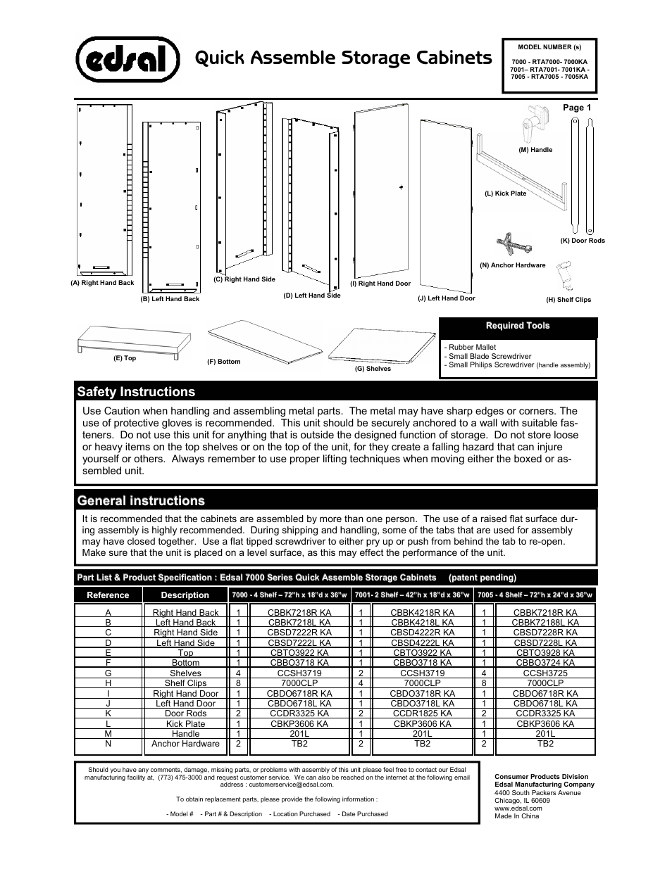 Edsal 7000 User Manual | 4 pages