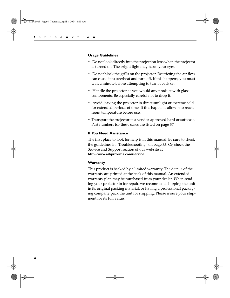 Usage guidelines, If you need assistance, Warranty | Warranty 4 | Ask Proxima M2+ User Manual | Page 11 / 51