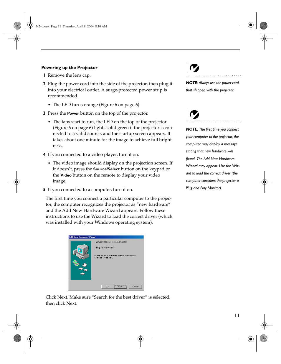 Powering up the projector | Ask Proxima M2+ User Manual | Page 18 / 51