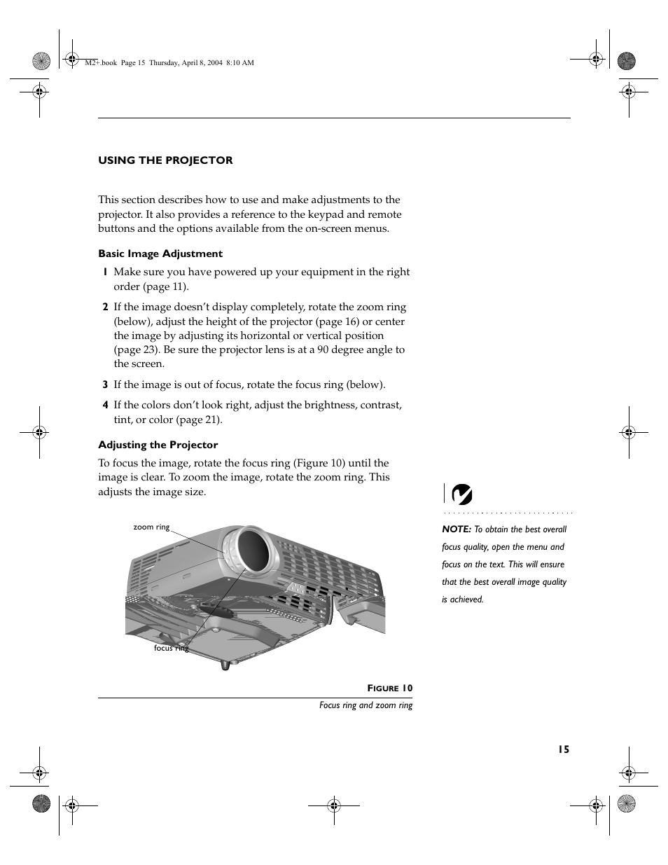 Using the projector, Basic image adjustment, Adjusting the projector | Ask Proxima M2+ User Manual | Page 22 / 51