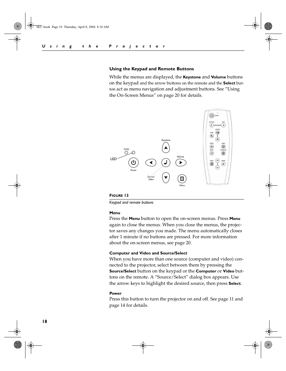 Using the keypad and remote buttons | Ask Proxima M2+ User Manual | Page 25 / 51