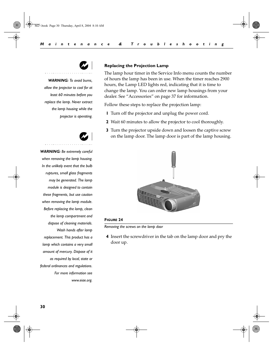 Replacing the projection lamp | Ask Proxima M2+ User Manual | Page 37 / 51