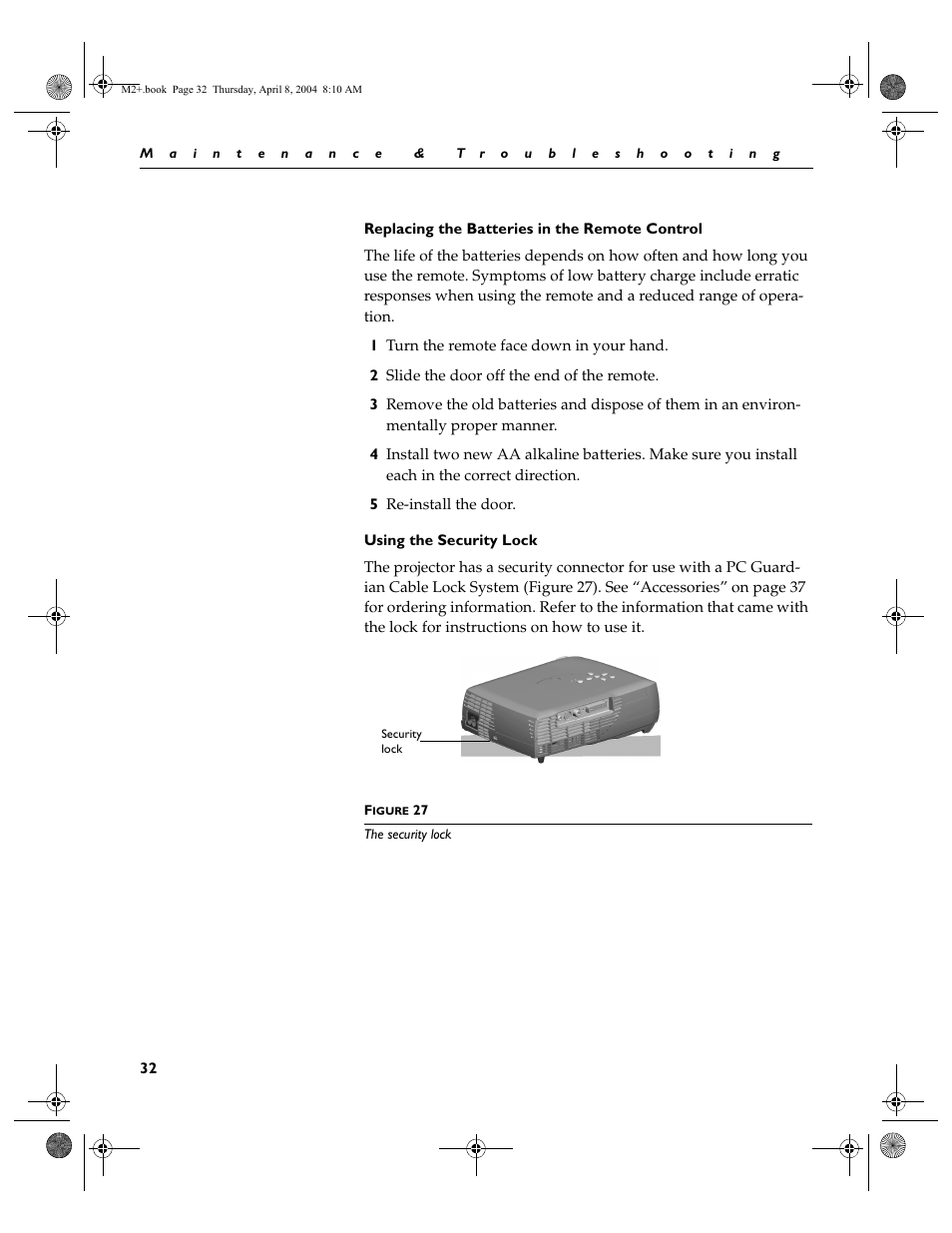 Replacing the batteries in the remote control, Using the security lock | Ask Proxima M2+ User Manual | Page 39 / 51