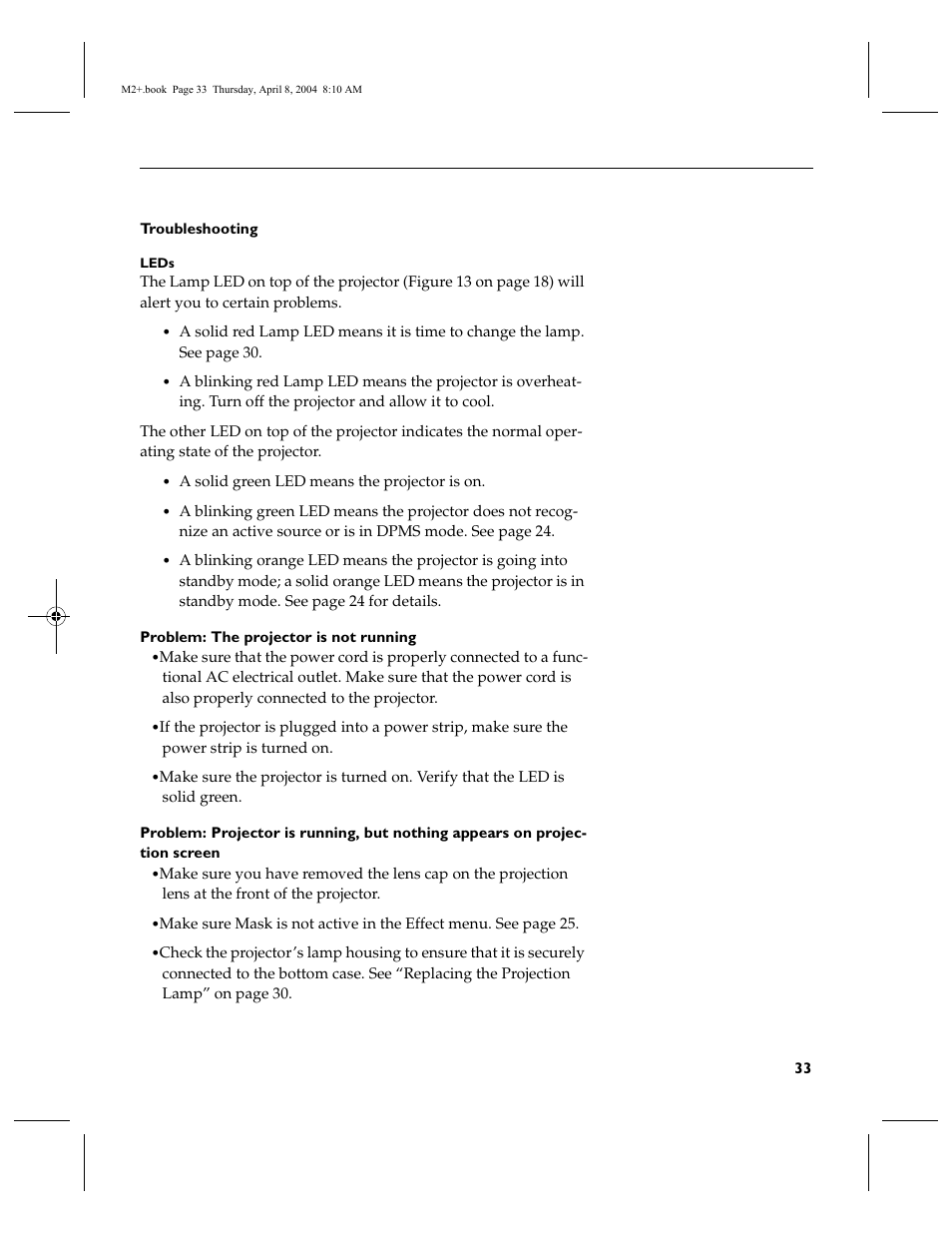 Troubleshooting, Troubleshooting 33 | Ask Proxima M2+ User Manual | Page 40 / 51