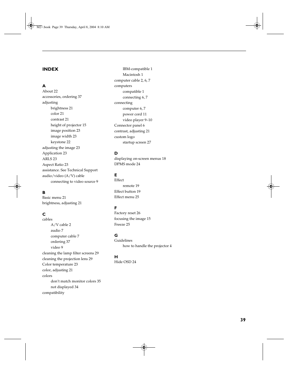 Index, Index 39 | Ask Proxima M2+ User Manual | Page 46 / 51