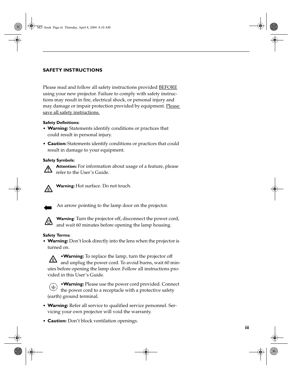 Safety instructions | Ask Proxima M2+ User Manual | Page 6 / 51