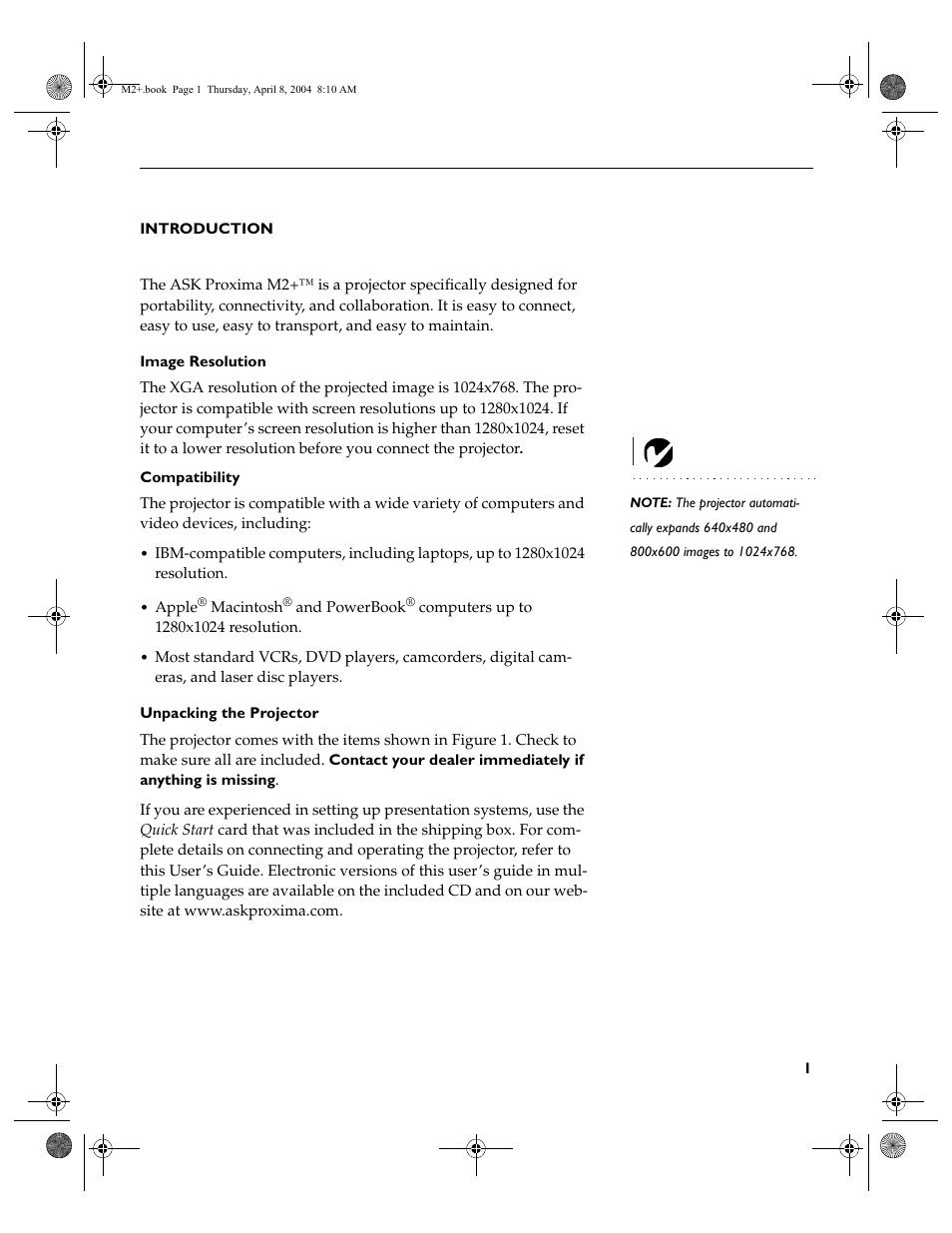 Introduction, Image resolution, Compatibility | Unpacking the projector, Introduction 1 image resolution, Compatibility 1 unpacking the projector | Ask Proxima M2+ User Manual | Page 8 / 51