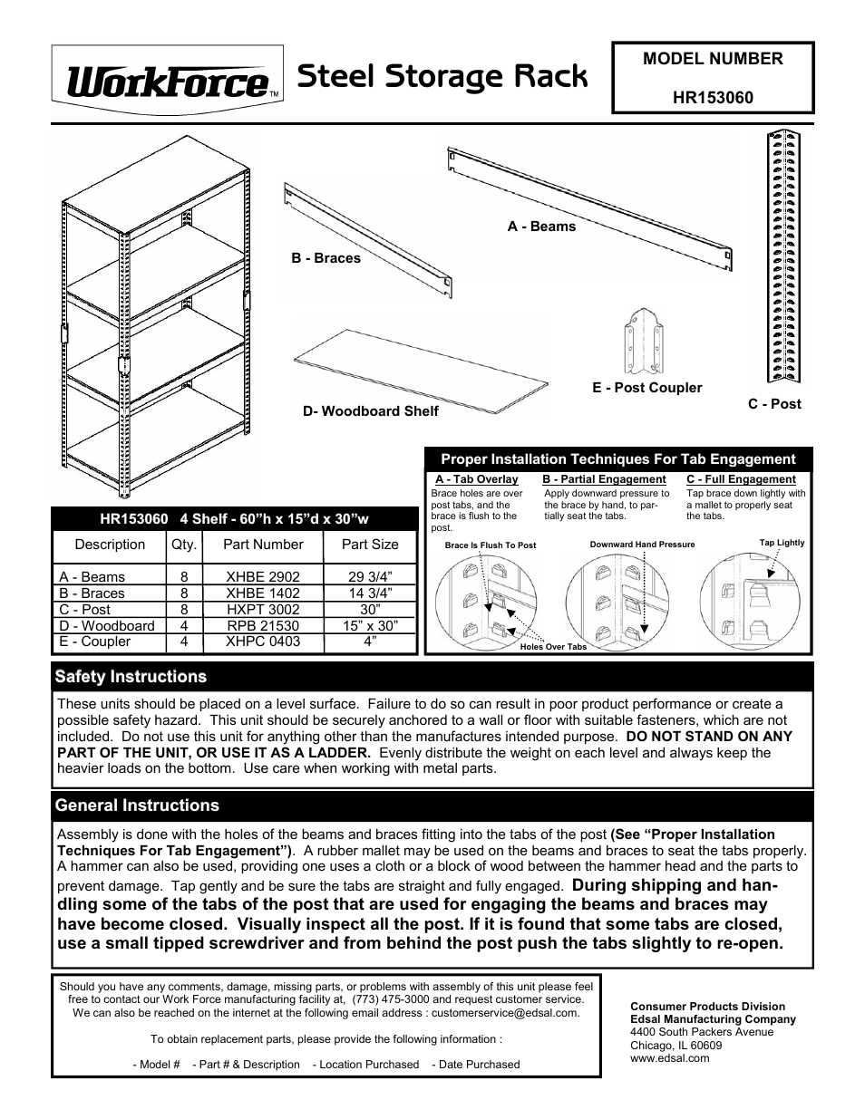 Edsal HR153060 User Manual | 2 pages