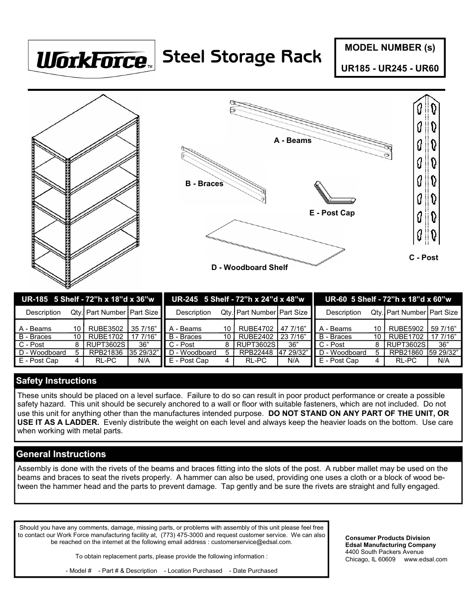 Edsal UR185 User Manual | 2 pages