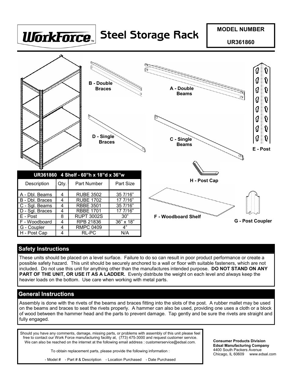 Edsal UR361860 User Manual | 2 pages