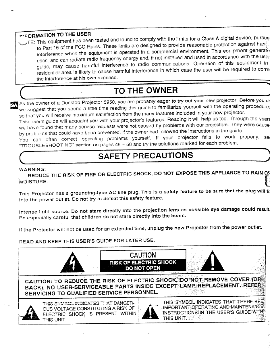 To the owner, Safety precautions | Ask Proxima DP5950 User Manual | Page 2 / 50