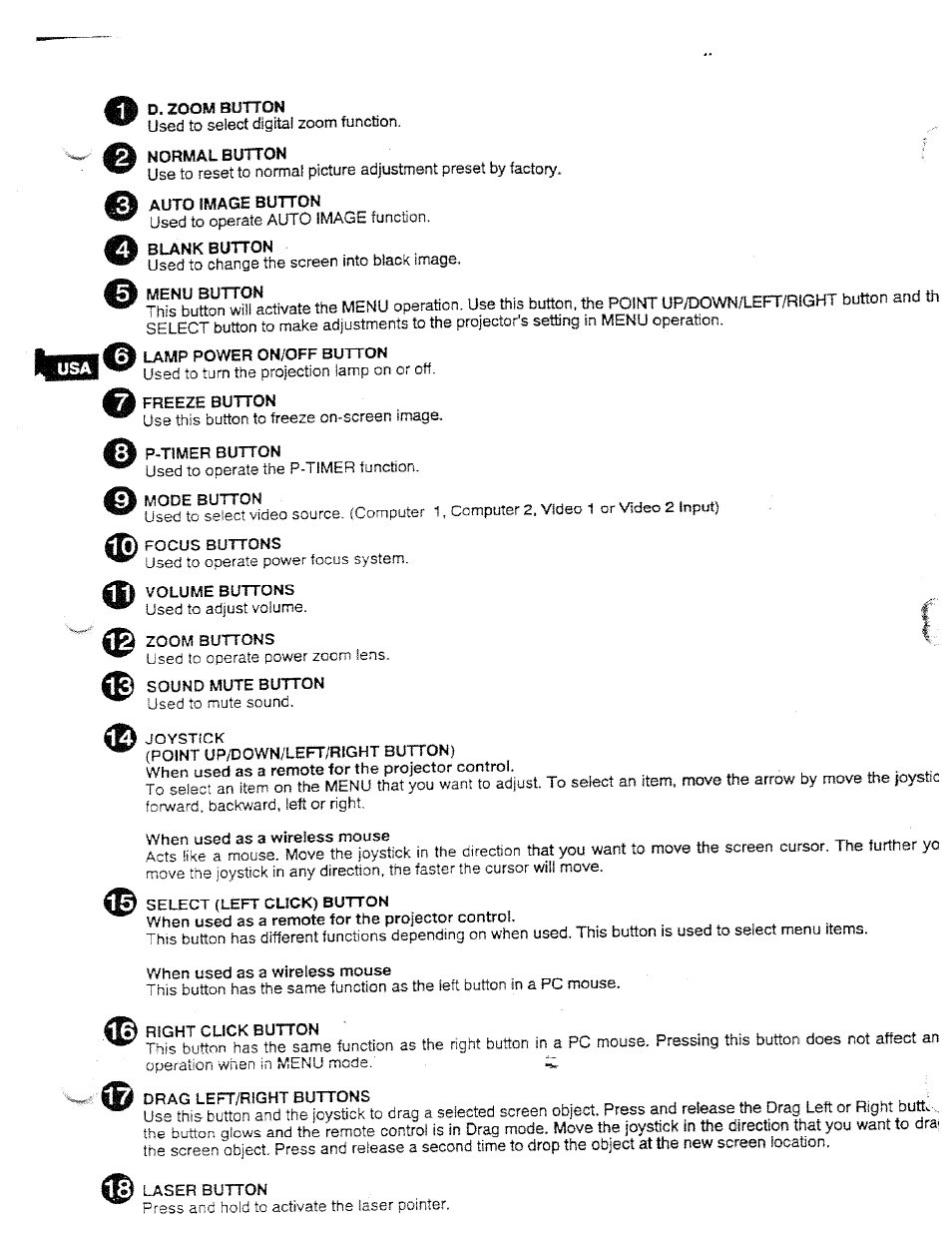 D. zoom button, Normal button, Auto image button | Blank button, Menu button, Lamp power on/off button, Freeze button, P-timer button, Mode button, Focus buttons | Ask Proxima DP5950 User Manual | Page 22 / 50