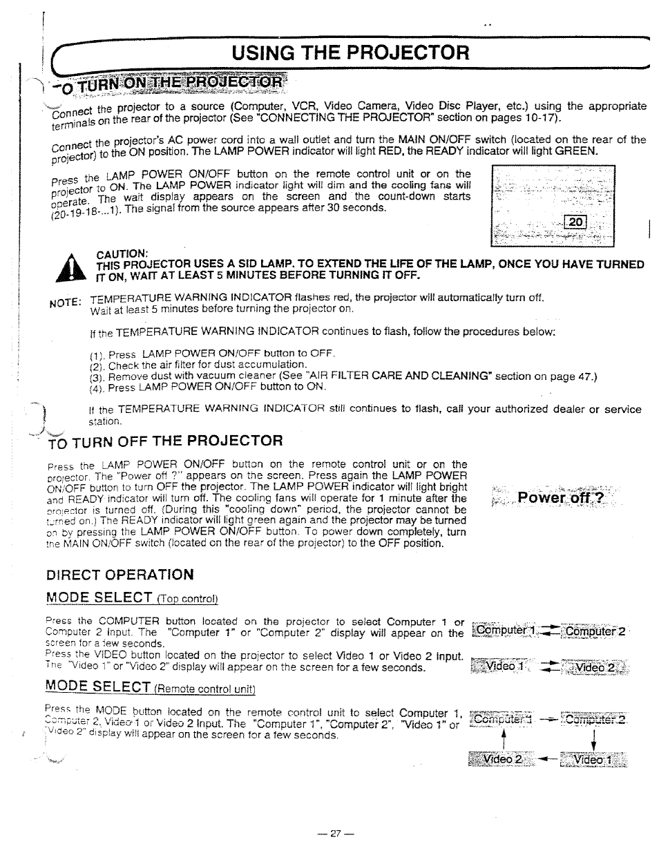 Caution, To turn off the projector, Direct operation mode select (top control) | Using the projector | Ask Proxima DP5950 User Manual | Page 27 / 50