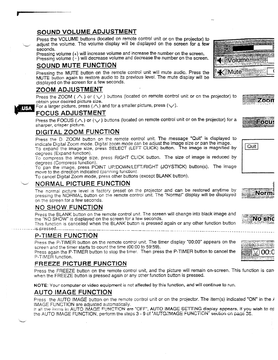 Sound mute function, Zoom adjustment, Focus adjustment | Digital zoom functton, Normal picture function, Volume, Focui, Norm, No show function, P-timer function | Ask Proxima DP5950 User Manual | Page 28 / 50