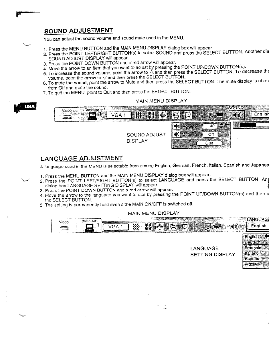 Language adjustment, Language setting display, Soump adjustment | Ask Proxima DP5950 User Manual | Page 30 / 50