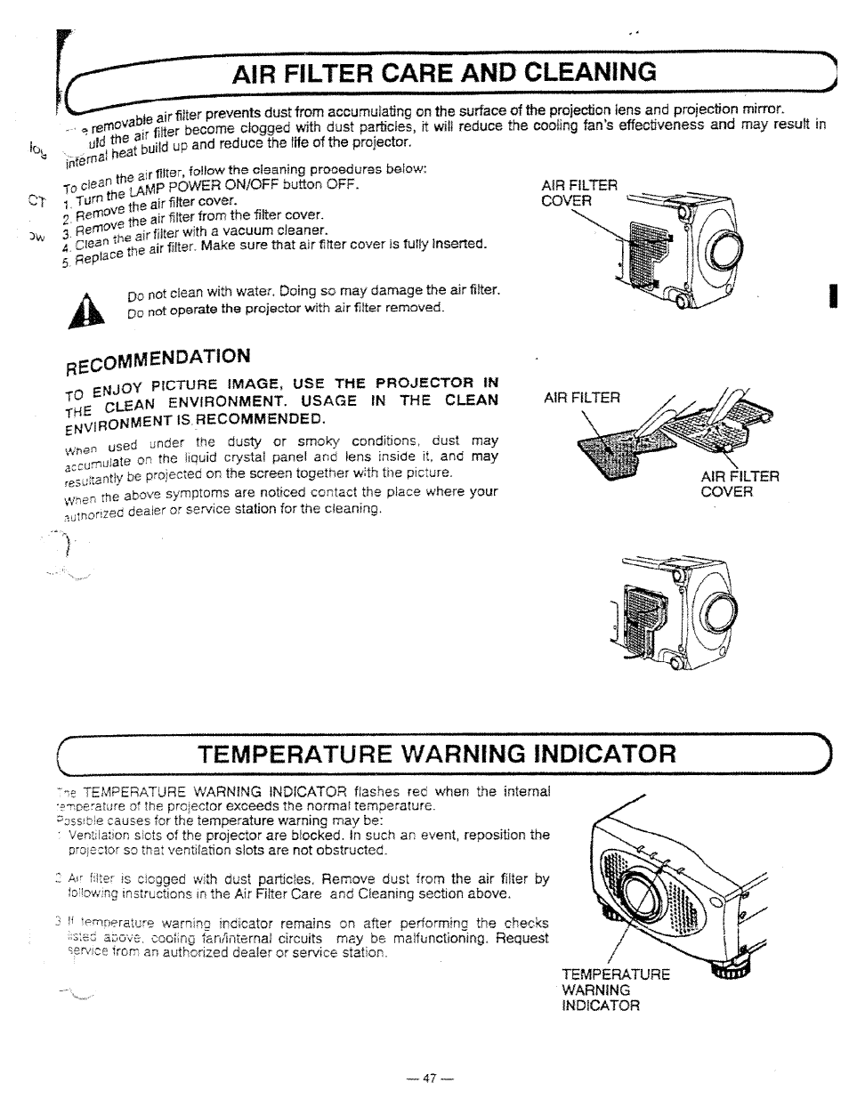 Air filter care and cleaning, Temperature warning indicator, Wf clean | Ask Proxima DP5950 User Manual | Page 47 / 50