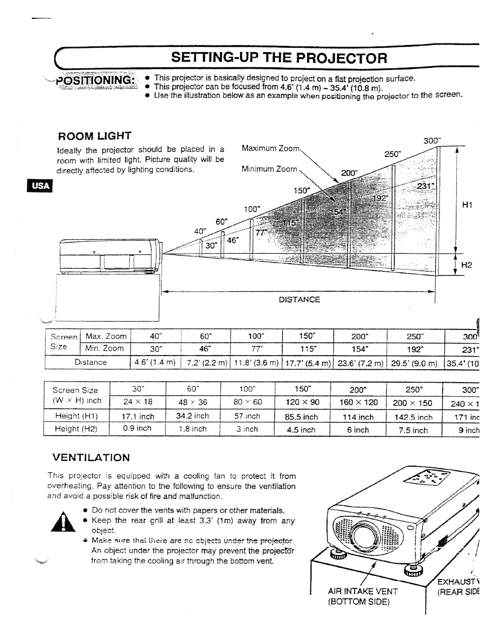 Room light, Ventilation, Setting-up the projector | Ask Proxima DP5950 User Manual | Page 8 / 50