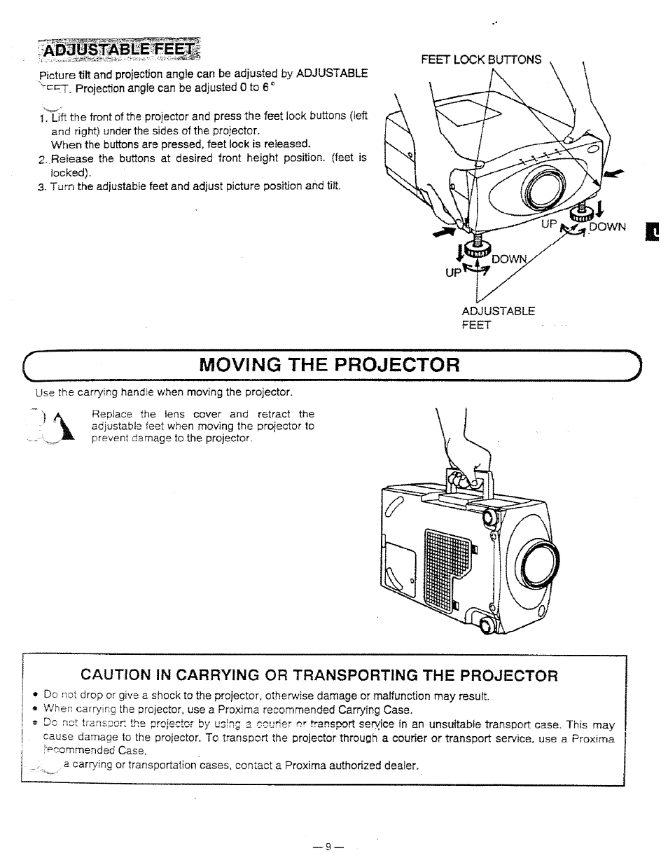 Ашцзтавш feeg, Moving the projector, Caution in carrying or transporting the projector | Ask Proxima DP5950 User Manual | Page 9 / 50