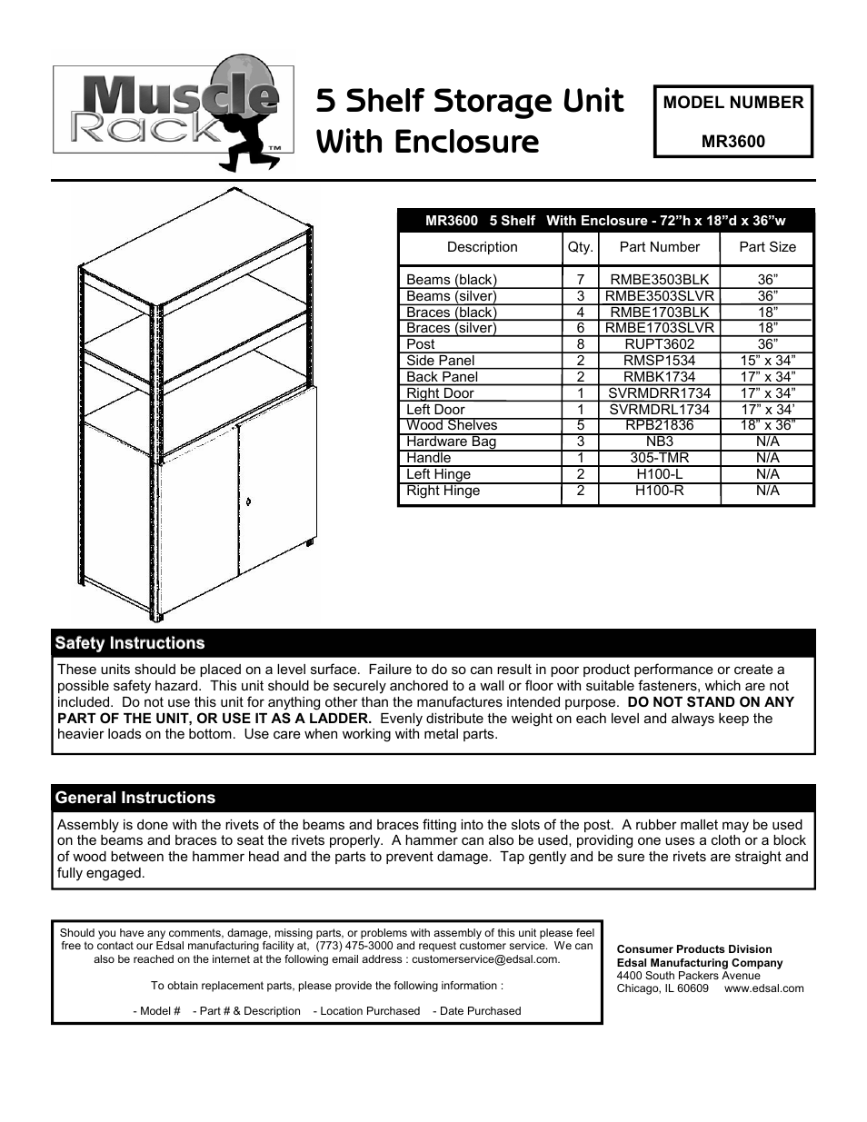 Edsal MR3600 User Manual | 2 pages