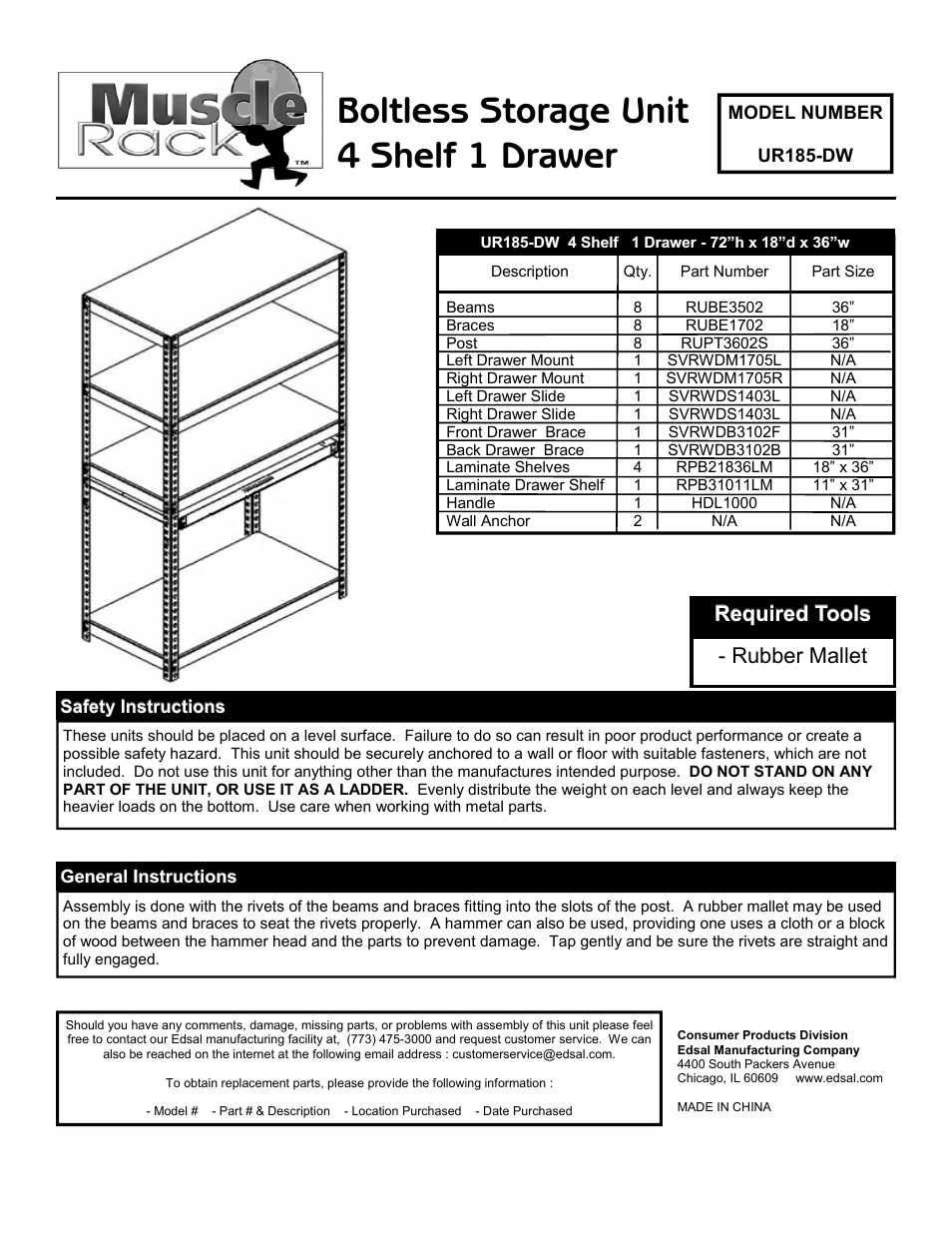 Edsal UR185-DW User Manual | 2 pages