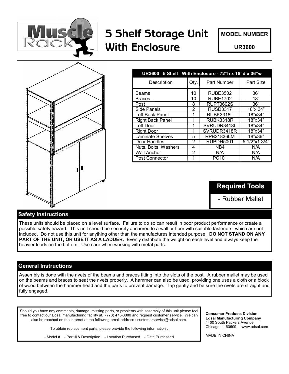 Edsal UR3600 User Manual | 2 pages