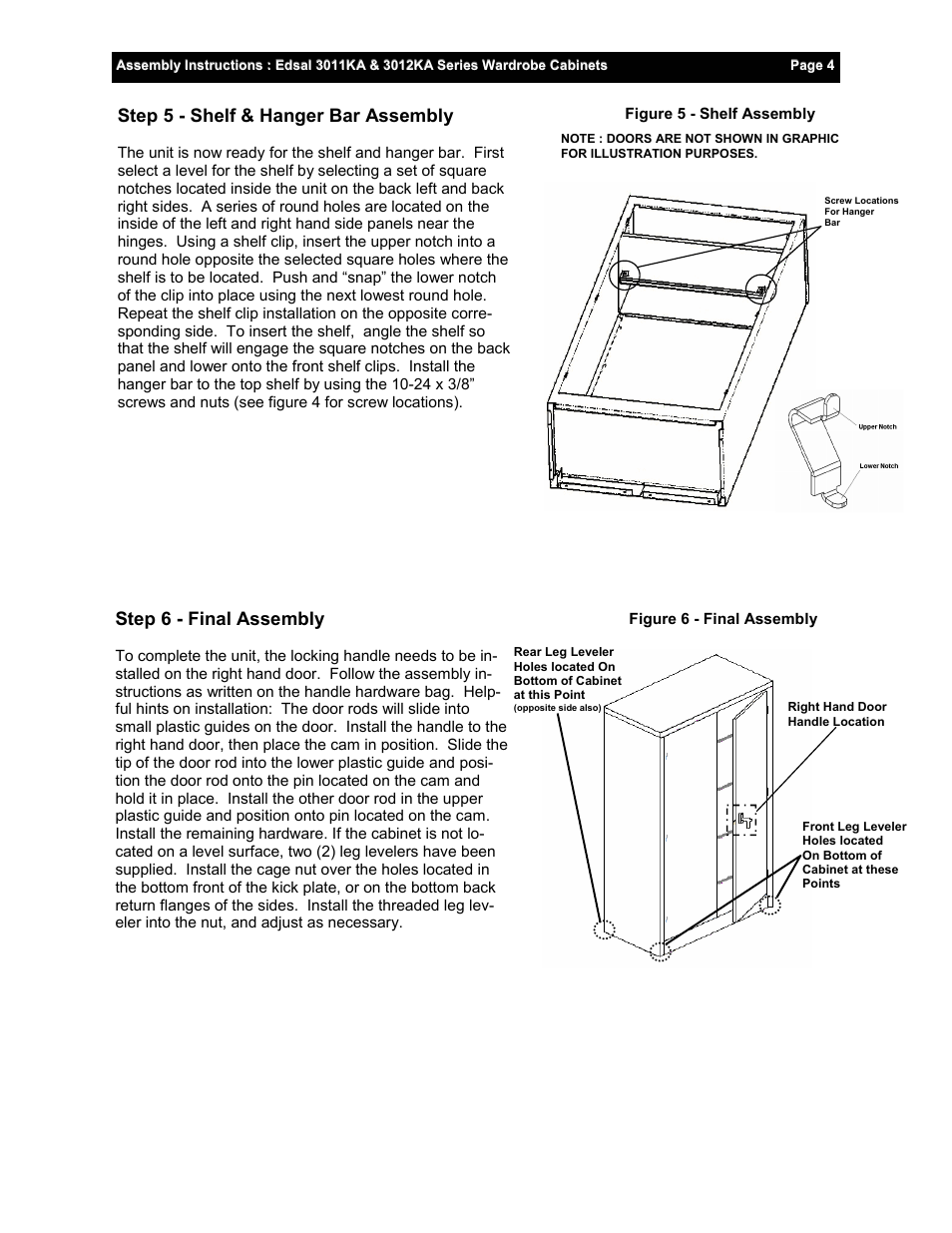 Step 6 - final assembly, Step 5 - shelf & hanger bar assembly | Edsal 3011 User Manual | Page 4 / 4