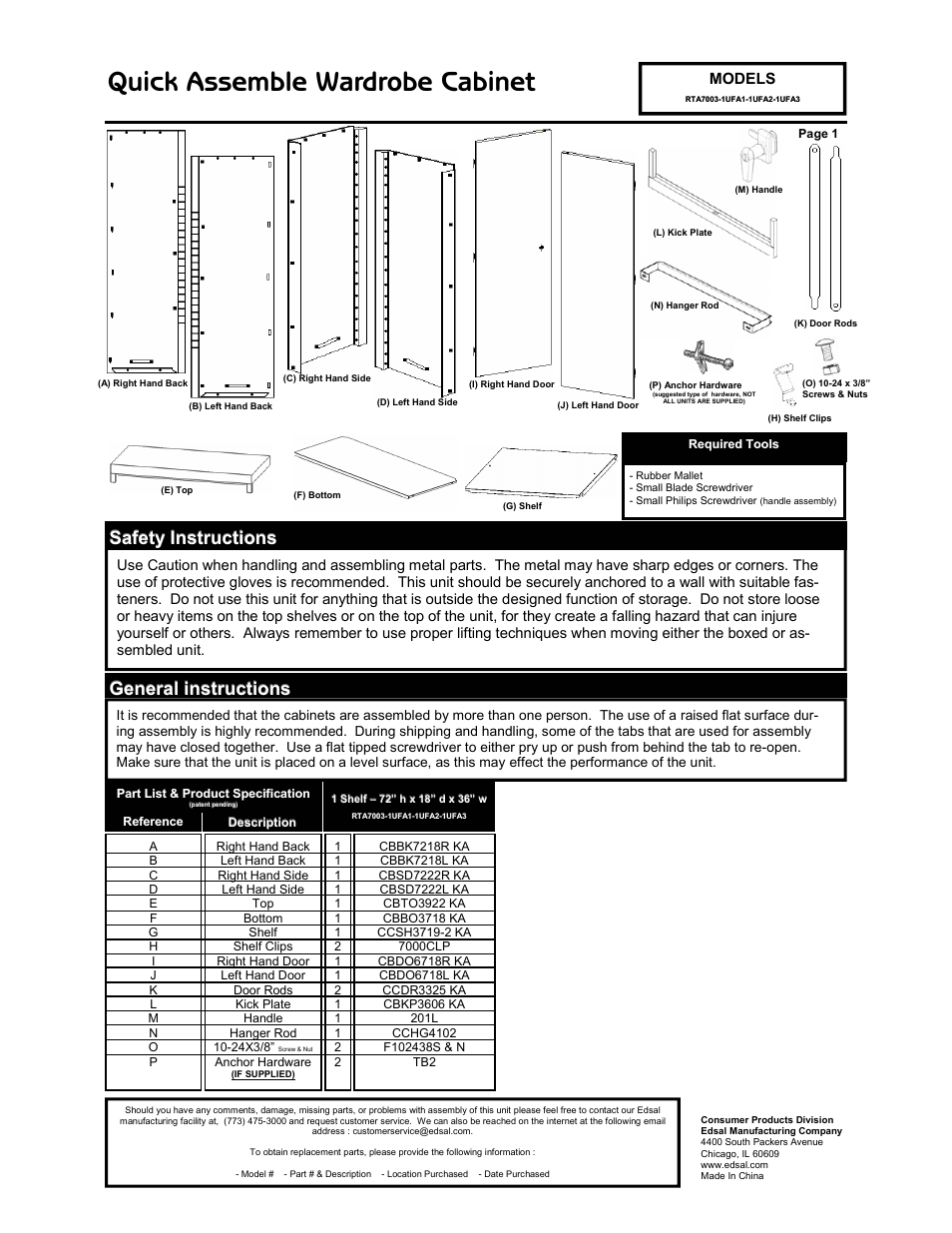 Edsal 7003 User Manual | 4 pages