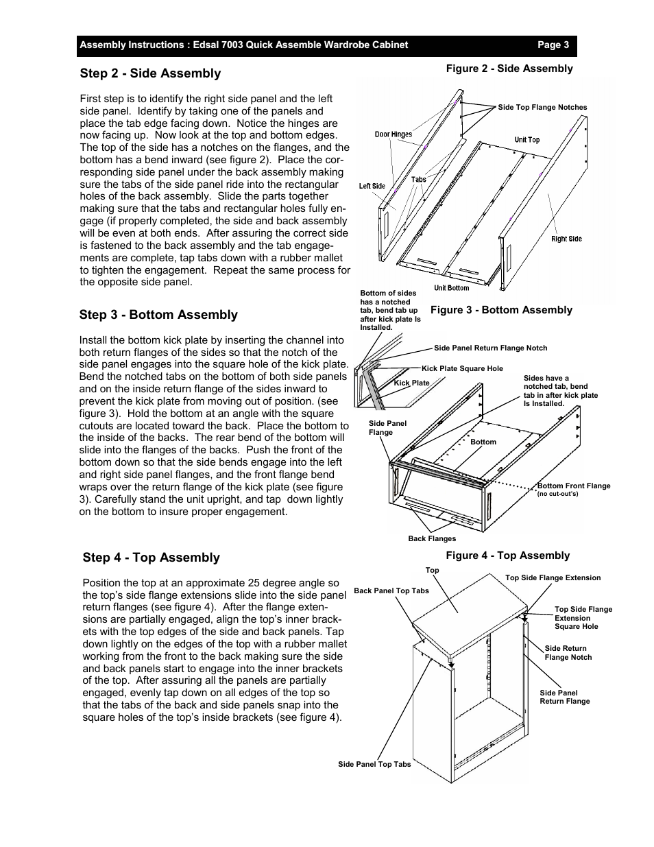 Step 2 - side assembly, Step 3 - bottom assembly, Step 4 - top assembly | Edsal 7003 User Manual | Page 3 / 4