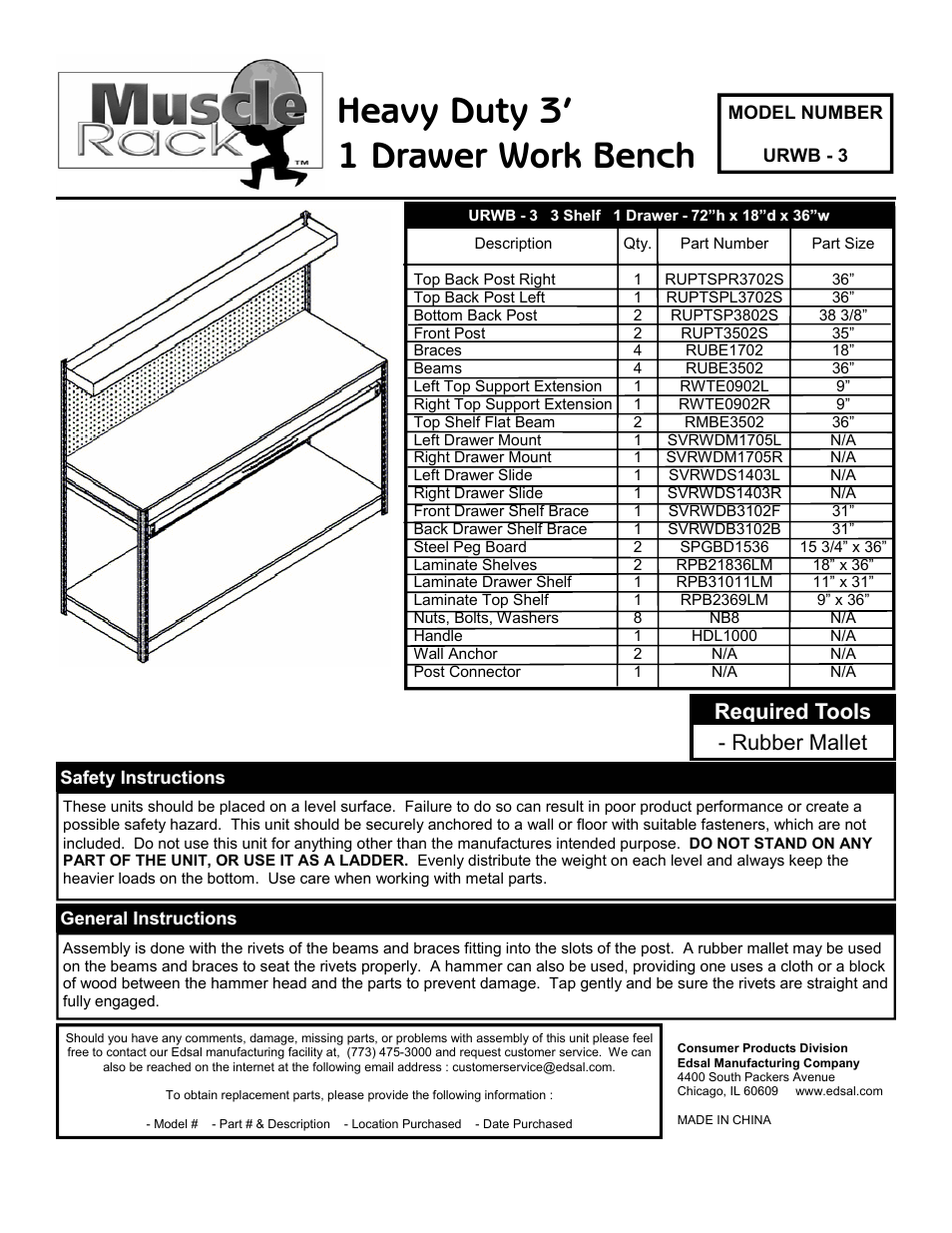 Edsal URWB-3 User Manual | 2 pages